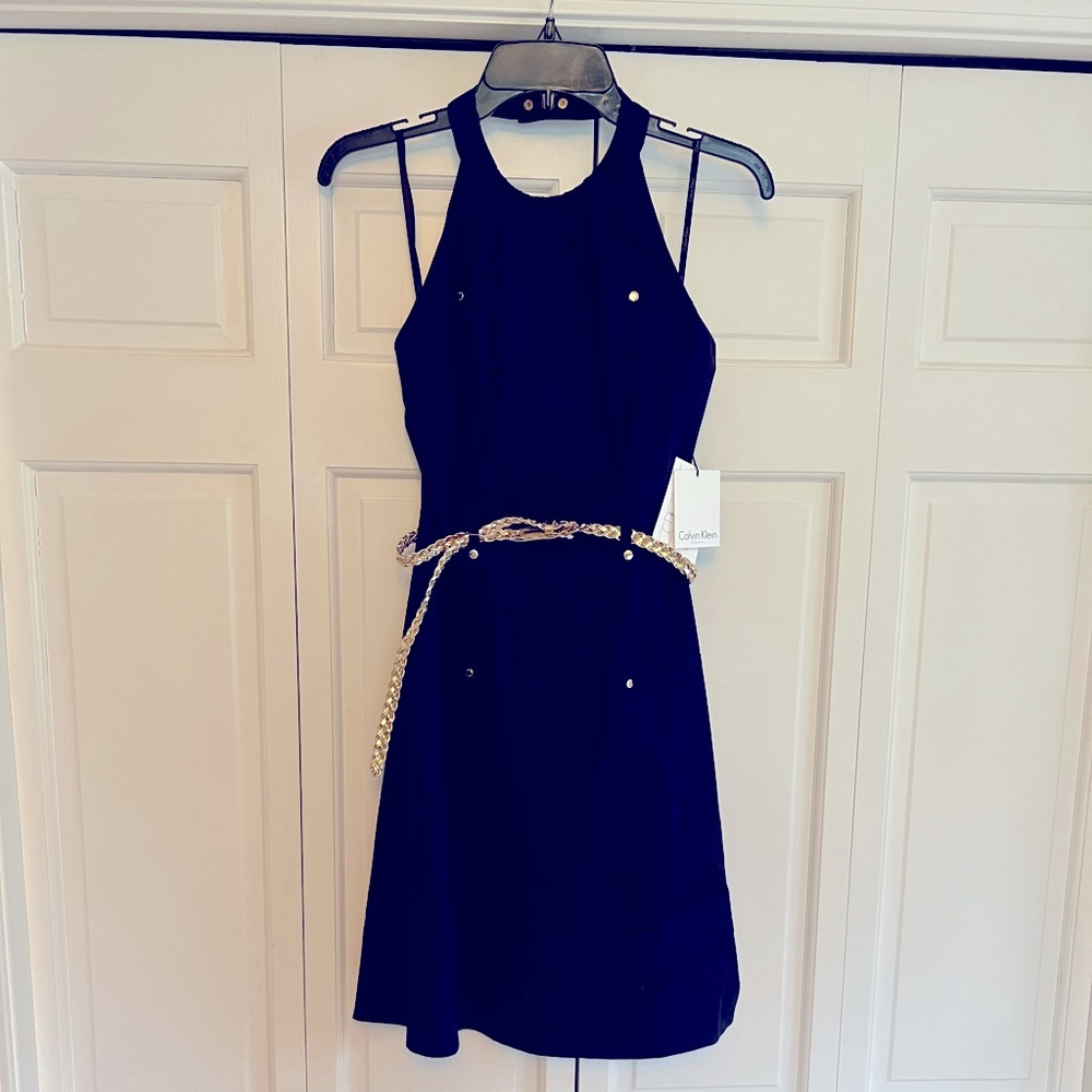 Navy Blue CK Dress with Gold Embellishments
